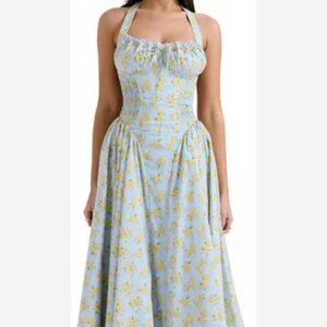 House of CB Adabella Halter Sundress in Pale Blue and Yellow Meadow Print Size S